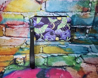 Luna Moths Mini Zip Pouch Wallet Coin Purse W/ Wrist Strap- Spooky Season Halloween Gift