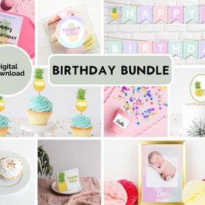 Customizable Birthday Bundle ~ Pineapple &quot;California Dreaming&quot; ~ Invitations, Thank You&#39;s, Gift Tags, Banner, Drink Labels, Cake Toppers