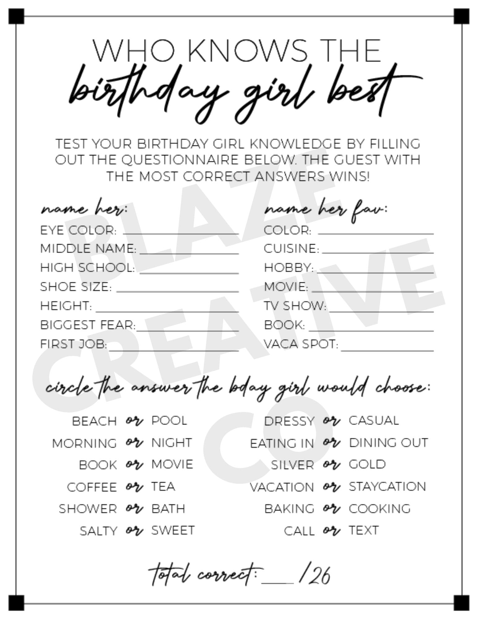Who Knows the Birthday Girl Best Birthday Party Questionnaire for Girls ...