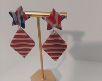 Red, white and Blue Patriotic earrings |Patriotic Fashion | Stars and Strips polymer clay earrings | Lightweight Forth of July Earrings