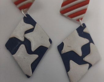 Red, white and Blue Patriotic earrings |Patriotic Fashion | Stars and Strips polymer clay earrings | Lightweight Forth of July Earrings