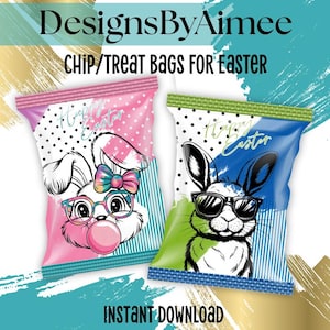 Pode incluir: Duas embalagens de batatas fritas com tema de Páscoa com ilustrações de coelhos. Uma embalagem é rosa com um coelho usando óculos e soprando uma bolha. A outra embalagem é azul e verde com um coelho usando óculos de sol. O texto diz "Feliz Páscoa".