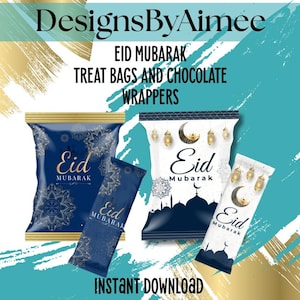 Bolsa de regalo y envoltorios de chocolate para Eid Mubarak / Recuerdos de fiesta azul marino y dorado (descarga instantánea)