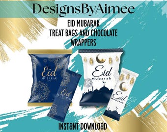 Eid Mubarak Treat Bag and Chocolate Wrappers | Navy & Gold Party Favors (Instant Download)