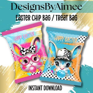 May include: Two Easter-themed chip bags with bunny illustrations. One bag is pink and yellow, featuring a bunny with heart-shaped glasses and a bow tie. The other is blue and orange, with a bunny wearing a cap. Both bags say "Happy Easter".