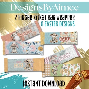 Puede incluir: Un diseño digital con seis envoltorios de barritas KitKat con temática de Pascua. Cada envoltorio muestra un diseño único con colores pastel, conejitos y las palabras "Felices Pascuas". La imagen también incluye el texto "DesignsByAimee" y "Descarga instantánea."