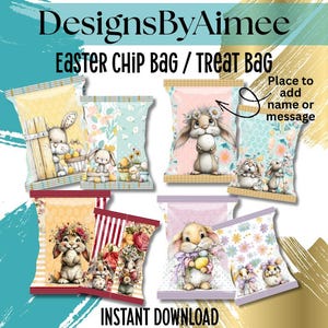 Puede incluir: Una colección de diseños de bolsas de patatas fritas con temática de Pascua. Cada bolsa presenta una ilustración de acuarela de un conejito con detalles florales. Las bolsas tienen varios fondos pastel y el texto "DesignsByAimee" y "Easter CHIP BAG / TREAT BAG". También se ve el texto "INSTANT DOWNLOAD".