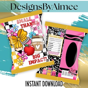 May include: Two colorful gift bag designs with the text "SMALL THANKS For a BIG IMPACT!" and "TEACHER FACTS". One bag features a pencil, apple, and coffee cup. The other bag is pink and black with a crayon design. The words "INSTANT DOWNLOAD" are at the bottom.