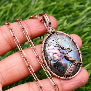 Handmade Copper Wire Wrapped Labradorite Tree Of Life Pendant Necklace