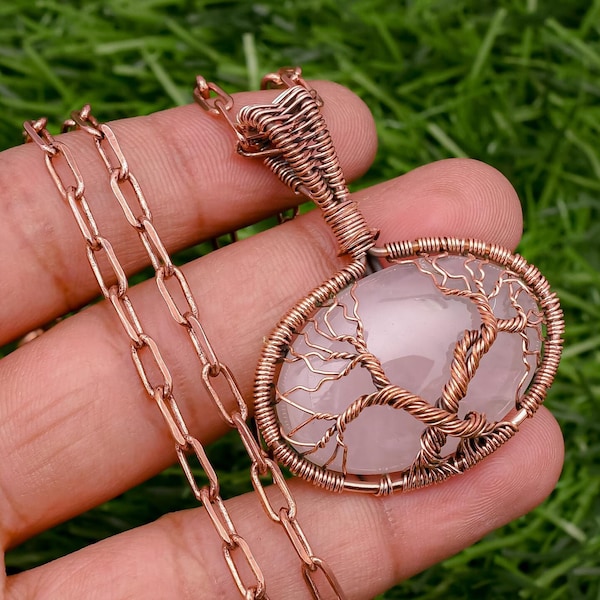 Rose Quartz Pendant Copper Wire Wrapped Handmade Pendant Necklace  Double Tree Of Life Pendant With Copper Chain Gift Love