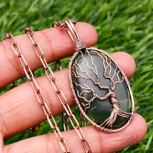 Lavalier Serpentine Pendant Copper Wire Wrapped Handmade Pendant Necklace  Tree Of Life Pendant With Copper Chain Gift Love