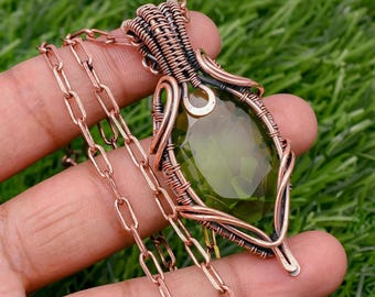 Handmade Copper Wire Wrapped Peridot Pendant Necklace