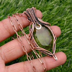 Peridot Pendant Copper Wire Wrapped Handmade Pendant Necklace   With Copper Chain