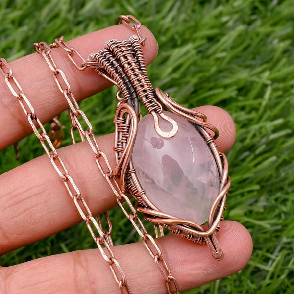Rose Quartz Pendant Copper Wire Wrapped Handmade Pendant Necklace   With Copper Chain