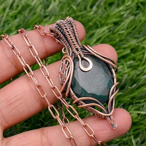 Handmade Copper Wire Wrapped Emerald Pendant Necklace