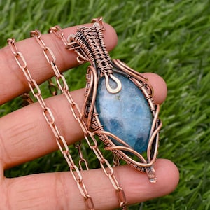 Neon Apatite Pendant Copper Wire Wrapped Handmade Pendant Necklace With Copper Chain