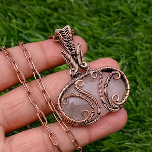 Rose Quartz Pendant Copper Wire Wrapped Handmade Pendant Necklace With Copper Chain