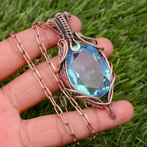 Blue Topaz Copper Pendant Necklace: Wire Wrapped Handmade Jewelry