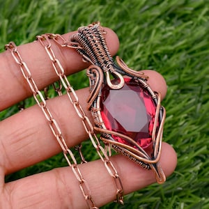 Garnet Pendant Copper Wire Wrapped Handmade Pendant Necklace   With Copper Chain