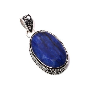 Blue Sapphire 925 Sterling Silver Pendant Necklace - Handmade