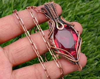 Handmade Copper Wire Wrapped Garnet Pendant Necklace