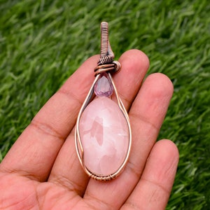 Rose Quartz Pendant Copper Wire Wrapped Handmade Pendant Necklace   With Copper Chain
