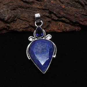 Blue Sapphire 925 Sterling Silver Pendant Necklace - Handmade