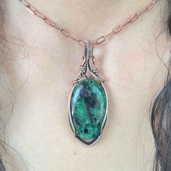 Ruby Zoisite Copper Wire Wrapped Pendant With Chain Ruby Zoisite Gemstone Pendant Ruby Zoisite Pendant Copper Wire Wrapped Necklace Jewelry