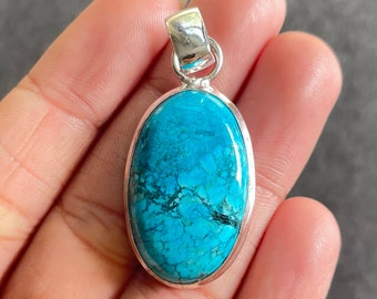 Turquoise Pendant Necklace: Handmade 925 Sterling Silver Gemstone