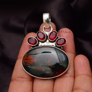 Pendentif fait main avec pierre de sang : collier en argent sterling 925 avec pierres précieuses image 1