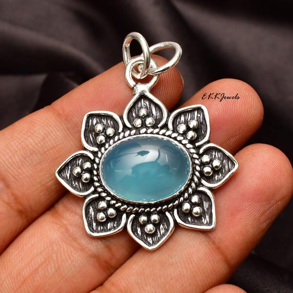Blue Chalcedony 925 Sterling Silver Pendant Necklace: Handmade Gemstone Jewelry