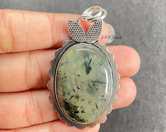 Collier pendentif en argent sterling 925 avec pierres précieuses préhnite - Fait main