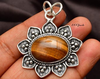 Tiger Eye Pendant Necklace: 925 Sterling Silver, Handmade Gemstone