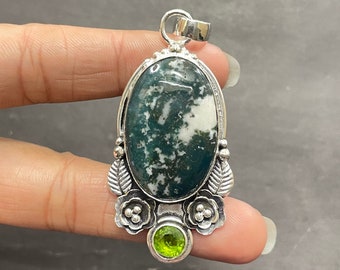 Tree Agate Pendant Necklace: Handmade 925 Sterling Silver Gemstone