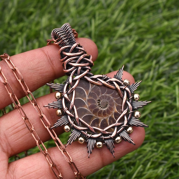 Ammonite Fossil Pendant Copper Wire Wrapped Handmade Pendant Necklace  Cat Shape Pendant With Copper Chain