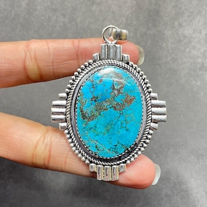 Turquoise Gemstone 925 Sterling Silver Pendant Necklace: Handmade