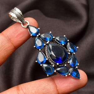 Blue Sapphire Pendant Necklace: 925 Sterling Silver Handmade Gemstone
