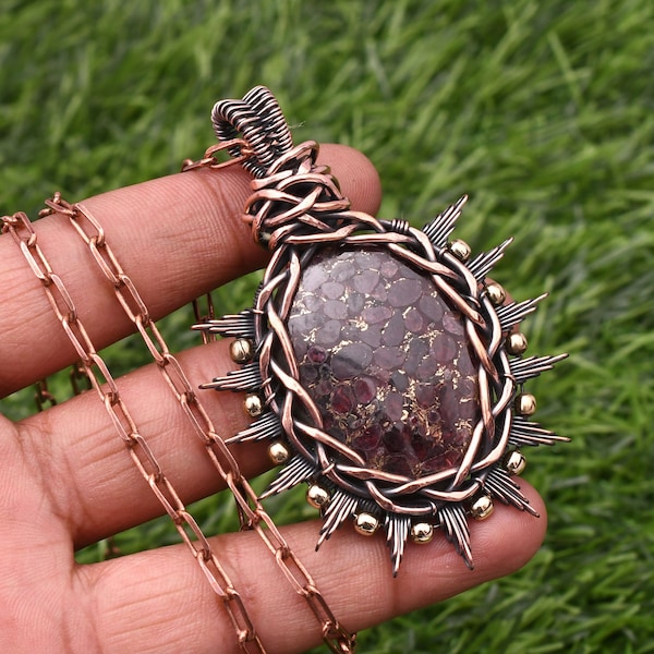 Spiny Garnet Pendant Copper Wire Wrapped Handmade Pendant Necklace Garnet Gemstone Pendant With Copper Chain Gift Love