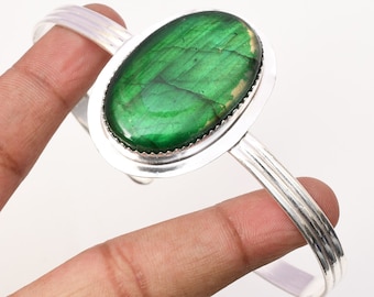 Green Labradorite Cuff: Handmade 925 Sterling Silver Bangle