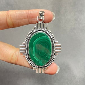 Handmade Malachite Pendant: 925 Sterling Silver Necklace
