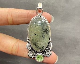 Pendentif fait main avec pierres précieuses préhnite : collier en argent sterling 925