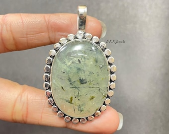 Pendentif fait main en argent sterling 925 avec pierres précieuses préhnite