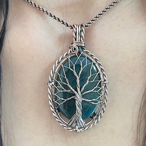 Tree Of Life Neon Apatite Copper Wire Wrapped Pendant with chain Neon Apatite Gemstone Necklace Neon Apatite Copper Wire Wrapped Jewelry