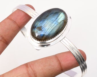 Labradorite Cuff: Handmade 925 Sterling Silver Gemstone Bangle