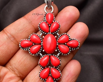 Collar con colgante de coral rojo en plata de ley: joyería de piedras preciosas hecha a mano