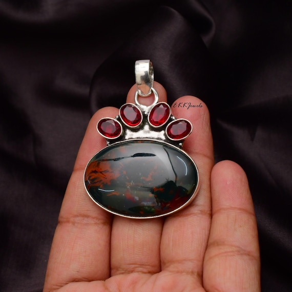 Handmade Blood Stone Gemstone Pendant: 925 Sterling Silver Gemstone Necklace