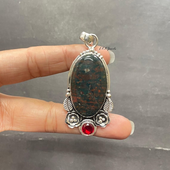 Handmade Bloodstone Pendant: 925 Sterling Silver Necklace