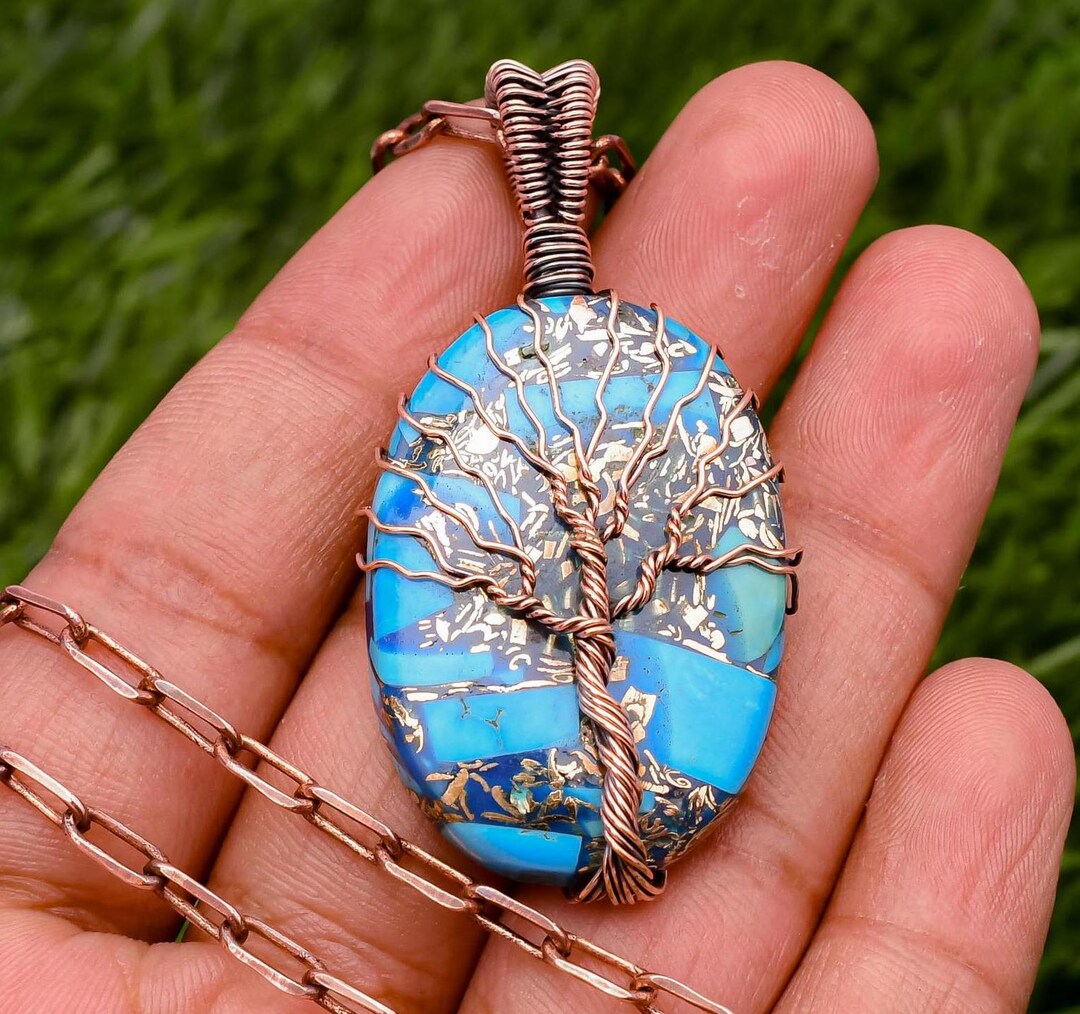Spiny Turquoise Tree of Life Pendant: Handmade Copper Wire Wrapped