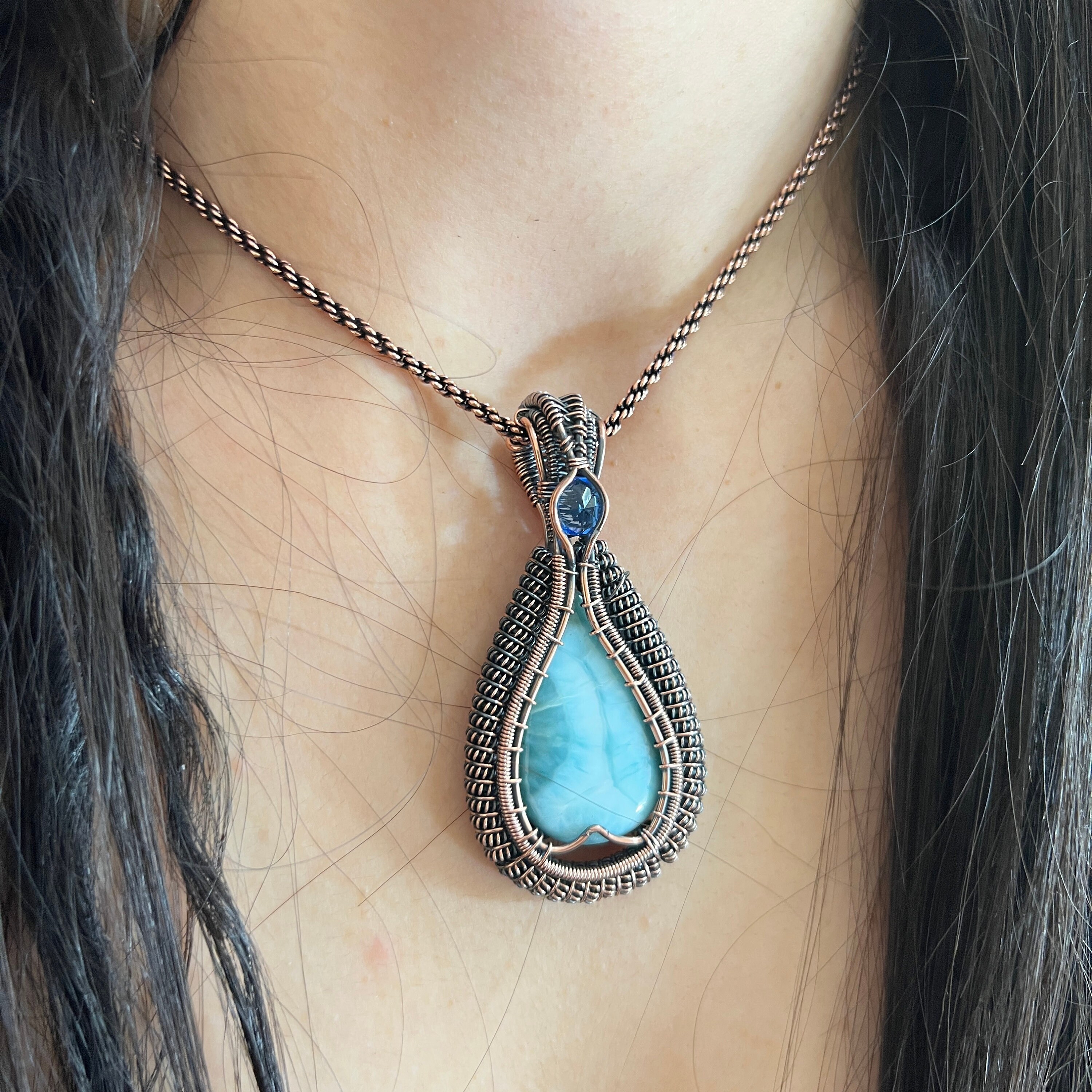Larimar Copper Wire Wrapped Pendant 