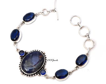 Handmade Sodalite & Lab Sapphire 925 Sterling Silver Bracelet